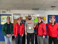 Mike from PizzAmore donated his winnings from the 50/50 draw at the Bancroft Rock Hound hockey game.  Noble from the Algonquin Shrine Club thanked him with a card and showed their appreciation for helping the Club. Pictured with Mike are Nobles Dave Earle, Secretary, Jim Burke President, Wayne Wiggins Past President and Dean Linton, Treasurer.